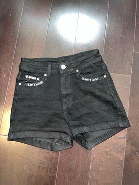 Women's Black High-Rise Denim Shorts with Rhinestone Pocket Trim